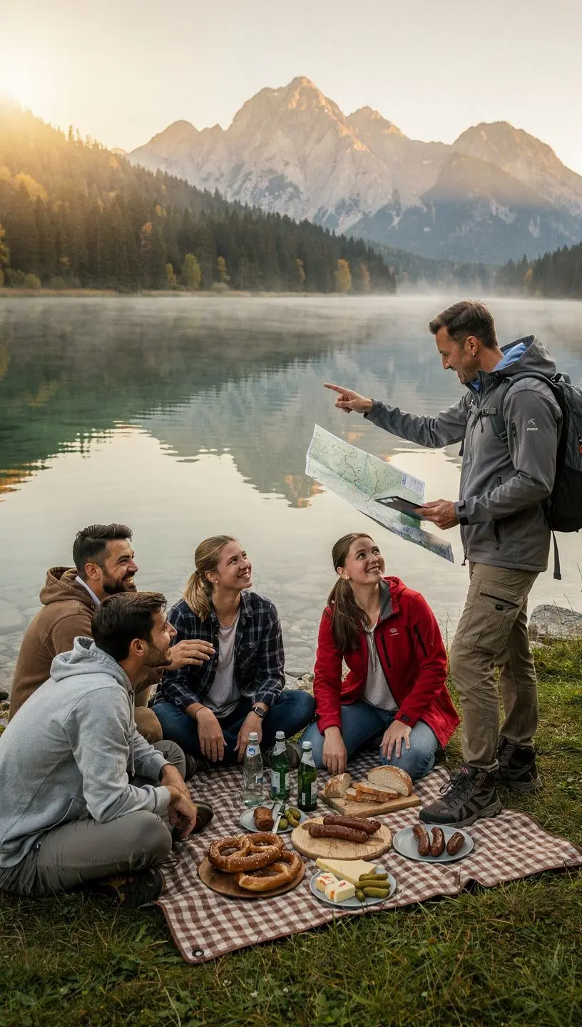 Landschaftsaufnahme der bayerischen Alpen mit Wanderwegen und traditionellen Dörfern im Vordergrund